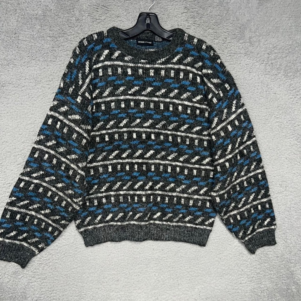 VTG Design Studio Sweater Mens Sz M/ L Gray Blue Geometric Knit Pullover Grandpa